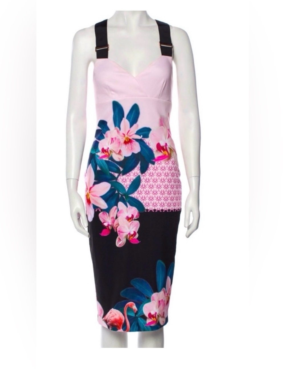 Ted Baker NWT Pink orchid Floral Midi Dress with Black Panels